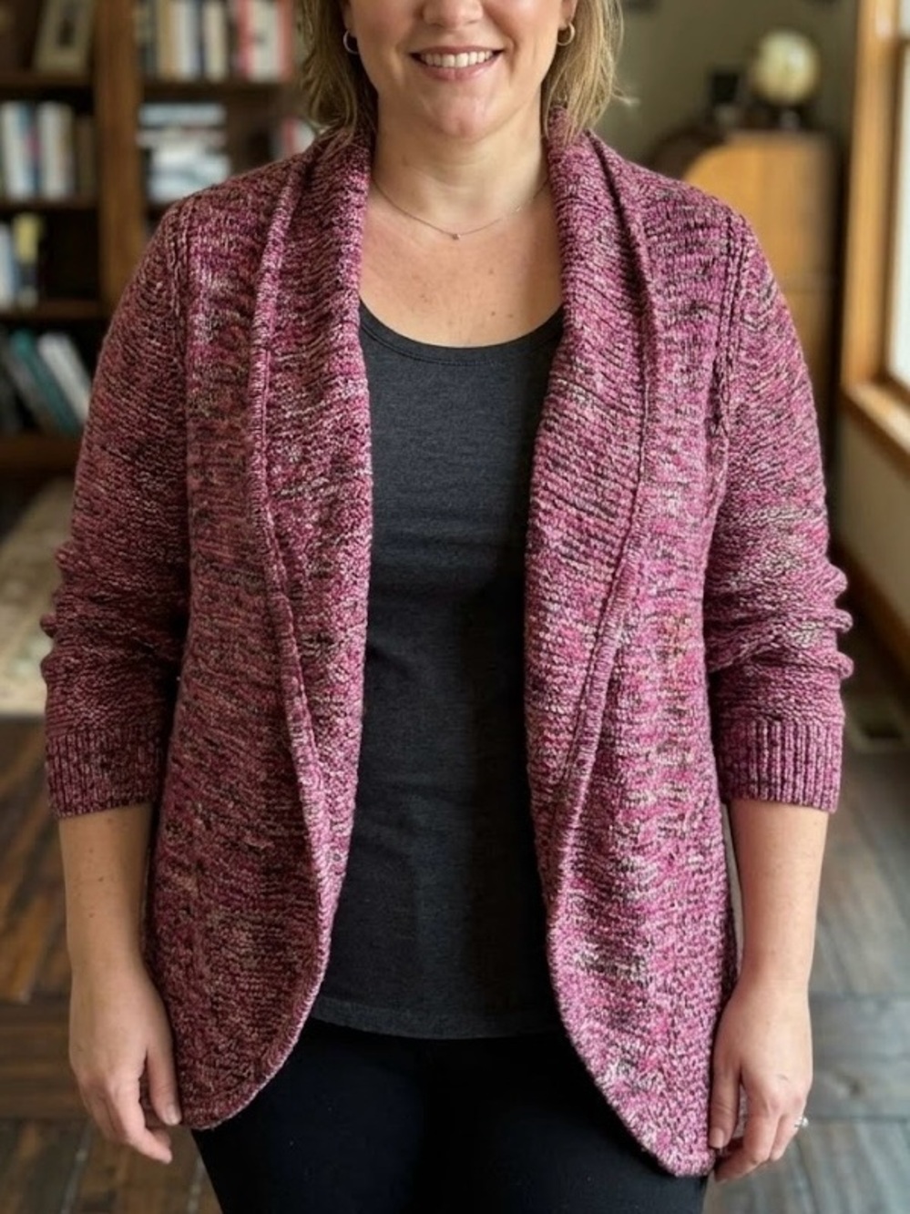 CJ Banks Marled Magenta Pink Purple Shawl Collar Cardigan Boho Lagenlook Knit